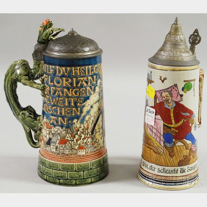 Two Mettlach Etched Stoneware Steins with Pewter Covers