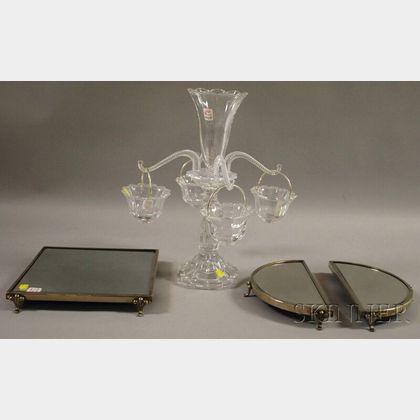 Baccarat-type Colorless Molded Glass Epergne and a Silver-plate-mounted Tri-part Beveled Mirrored Glass Plateau