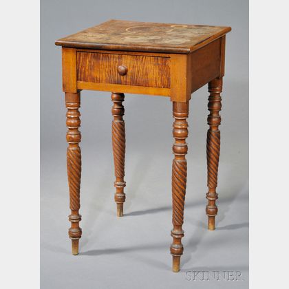 Classical Carved Birch, Maple, and Tiger Maple Veneer One-drawer Stand