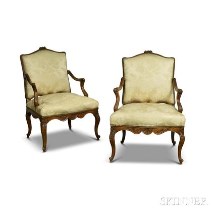 Pair of Louis XV-style French Provincial Carved Walnut Damask-upholstered Fauteuil