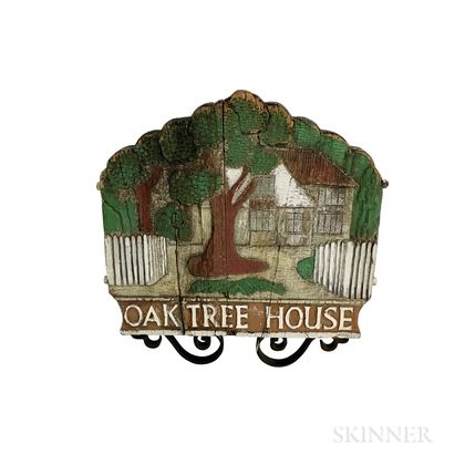 Carved and Paint-decorated Wood and Iron "Oak Tree House" Sign. Estimate $200-250