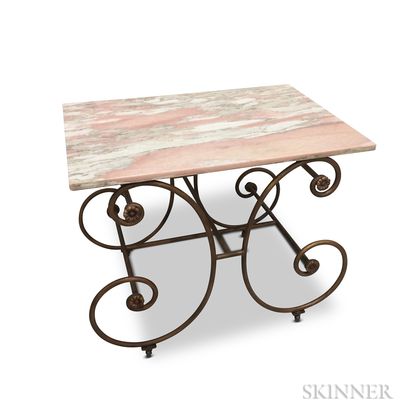 Modern Bronzed Wrought Iron Scroll-base Marble-top Table