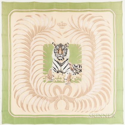 Green, Navy and Gold Tigre Royal Silk Scarf
