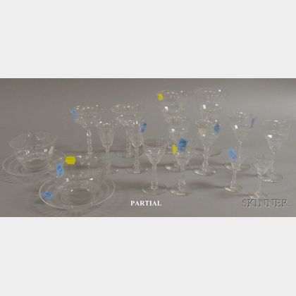 Large Partial Set of Colorless Etched Glass Stemware and Tableware