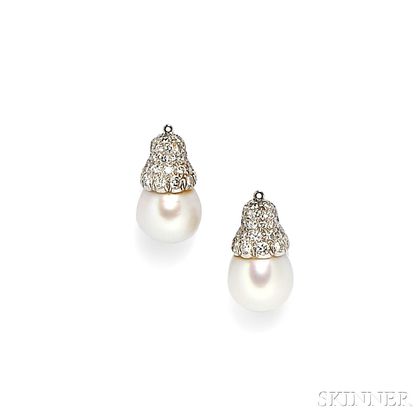 Pair of South Sea Pearl and Diamond Drops