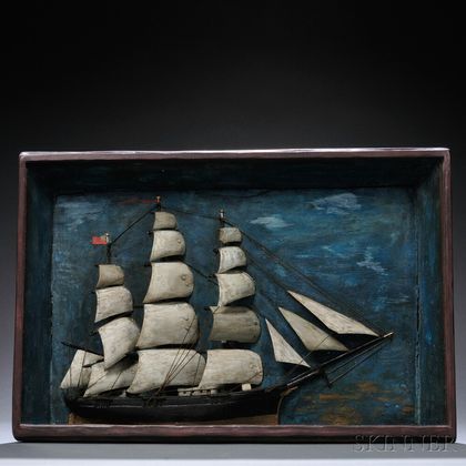 Carved and Painted Wooden Ship Diorama