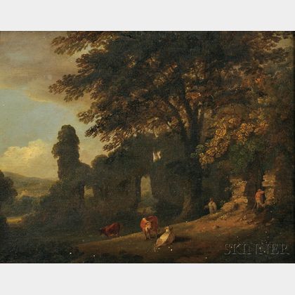 Attributed to Julius Caesar Ibbetson (British, 1759-1817) Cows and Farmers Amidst Ruins