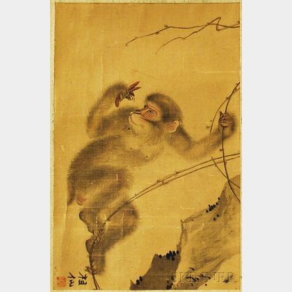 Japanese Scroll Painting of a Monkey Eating an Insect