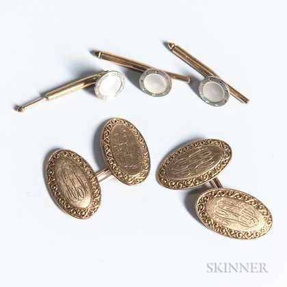 Three 14kt Gold and Mother-of-pearl Shirt Studs and a Pair of 10kt Gold Monogrammed Cuff Links