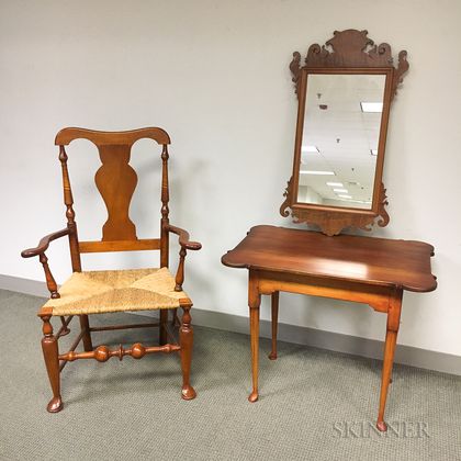 Queen Anne-style Tiger Maple Tavern Table, Armchair, and Scroll-frame Mirror. Estimate $200-250