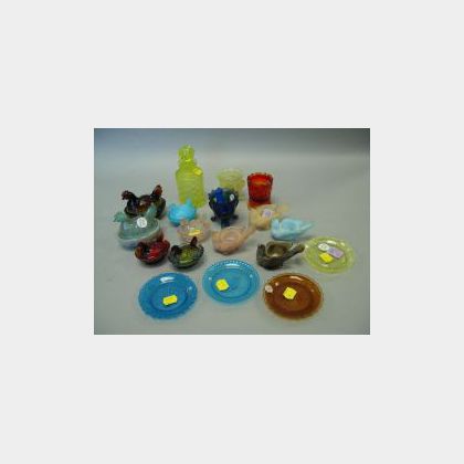 Eighteen Colored Pressed Glass Hen on Nests, Toothpicks, Hen Salts, Cup Plates and a Scent Bottle. 