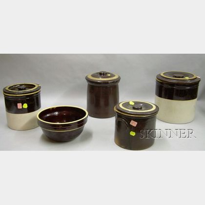 Four Glazed Stoneware Crocks and a Baking Bowl