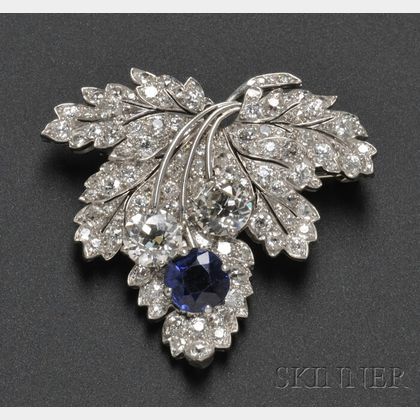 Art Deco Platinum, Sapphire, and Diamond Leaf Brooch, Paul Flato