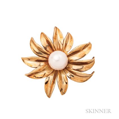 18kt Gold and Cultured Pearl Flower Brooch, Tiffany & Co.