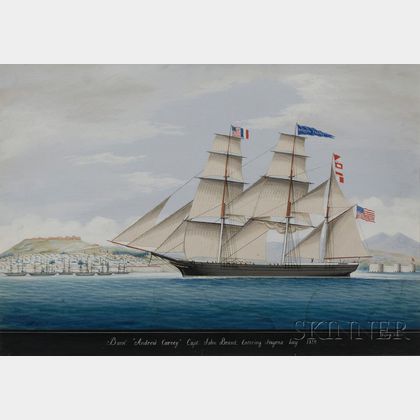 Raffael Corsini (Turkish, active Smyrna, 1830-1880) Bark "Andrew Carney" Capt. John Brand, Entering Smyrna bay 1859.