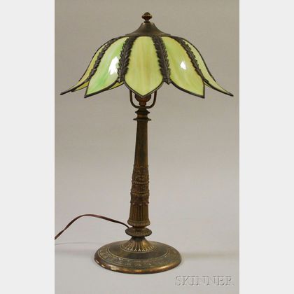 Brass Plated Cast Metal Table Lamp Base with Bent Slag Glass Panel Floral-form Shade