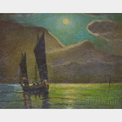 Framed Oil on Canvasboard Landscape, Lake Como