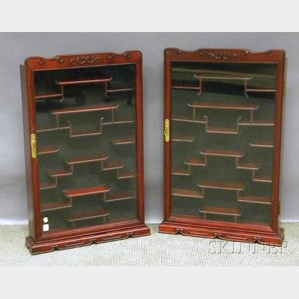 Pair of Modern Asian Carved Hardwood and Glass Display Cabinets