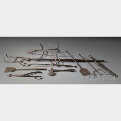 Ten Wrought Iron Hearth and Household Utensils