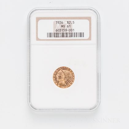 1926 $2.50 Indian Head Gold Coin, NGC MS61. Estimate $200-300