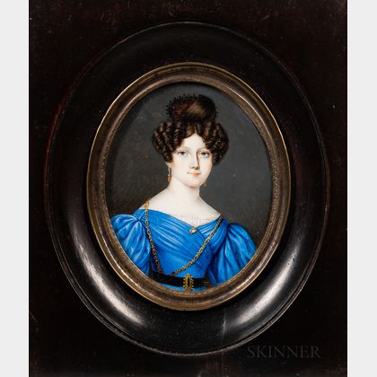American School, 19th Century Miniature Portrait of a Woman in a Blue Gown