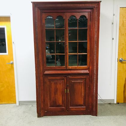 Country Red-painted and Glazed Paneled Cupboard