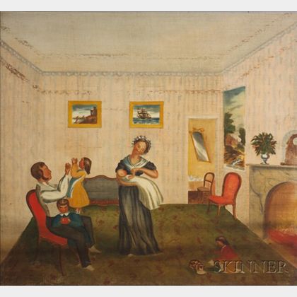 American School, 19th Century Three Fraternal Organization Painted Window Shades: Interior Scene with a Happy Family, American Steam B 