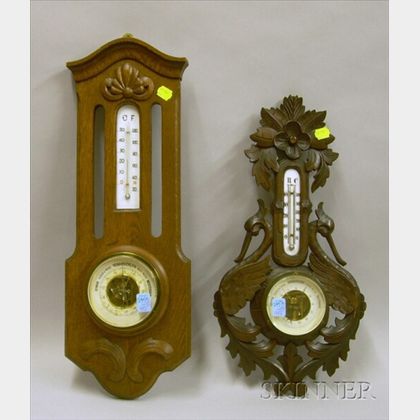German Late Victorian Carved Walnut Wall Thermometer/Barometer and a German Late Victorian Carved Oak Wall Ther... 