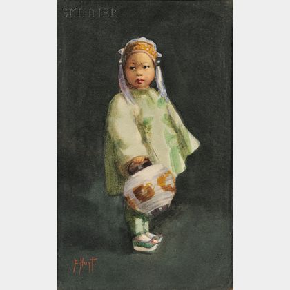 Esther Anna Hunt (American, 1875-1951) Lot of Two Portraits of Chinese Children with Lamp and Parasol