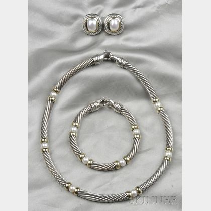 Sterling Silver, 14kt Gold, and Cultured Pearl Cable Suite, David Yurman