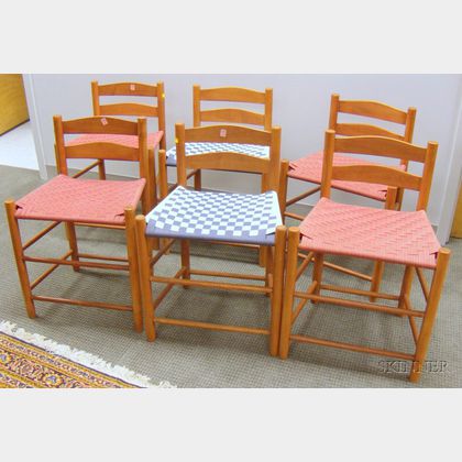 Set of Six Contemporary Shaker-style Maple Slat-back Side Chairs with Woven Tape Seats. 