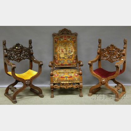 Two Italian Renaissance-style Carved Oak Savonarola Chairs and a Baroque-style Needlepoint-upholstered Carved Walnut Throne Chair