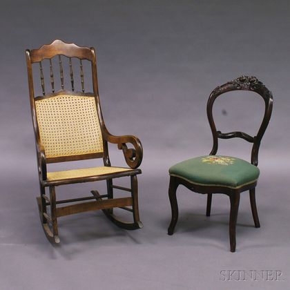 Victorian Caned Armed Rocker and Rococo Revival Side Chair