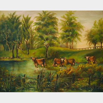 American School, 19th Century Summer Landscape with Cows in a Stream.