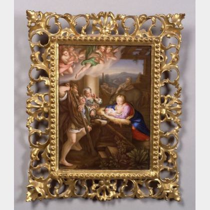 German Painted Porcelain Plaque of the Adoration in the Manger