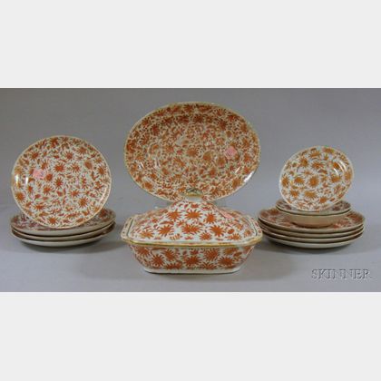Thirteen Pieces of Chinese Export Porcelain Orange Fitzhugh Pattern Tableware