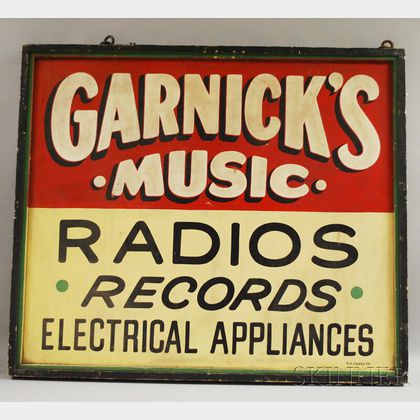 Painted Masonite and Wood "Garnick's Music, Radios, Records, Electrical Appliances" Double-sided Advertising Trade Sign, 