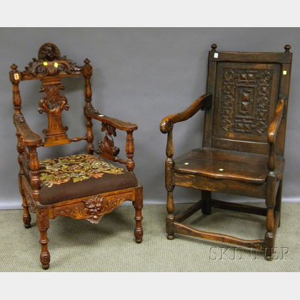 English Carved Oak Wainscot Armchair and an Italian Renaissance-style Carved Fruitwood and Walnut Armchair with Needlepoint Upholstered