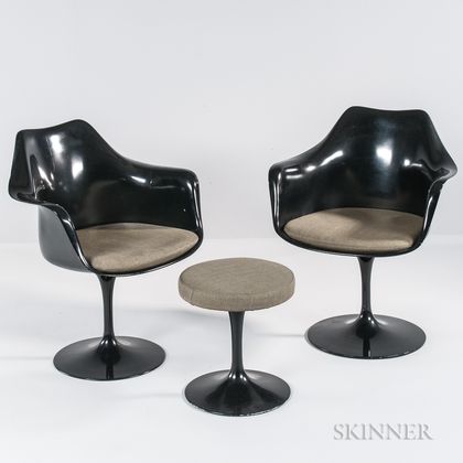 Two Eero Saarinen Tulip Chairs and a Stool 