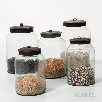 Five Graduated Glass Storage Jars with Tin Lids