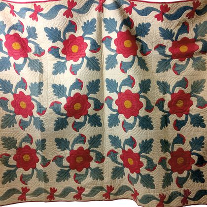 Appliqued Cotton "Rose of Sharon/Oak Leaf" Quilt. Estimate $200-250