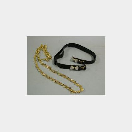 Judith Leiber Jeweled Goldtone Chain-link Belt and Jeweled Black Reptile Belt. 