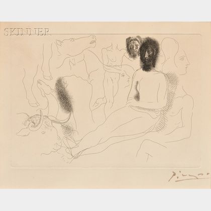 Pablo Picasso (Spanish, 1881-1973) Nu assis entouré d'esquisses de bêtes et d'hommes
