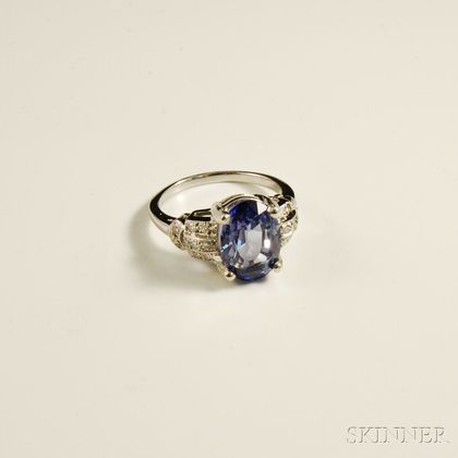 Platinum, Synthetic Sapphire, and Diamond Ring