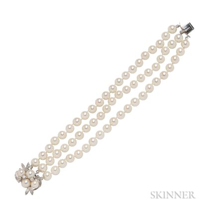 14kt White Gold, Cultured Pearl, and Diamond Bracelet