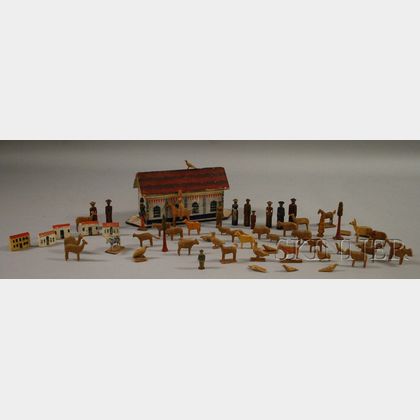 Childs Polychrome Painted Wooden Toy Noahs Ark with Wooden Animals and Figures. 