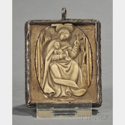 Silver-mounted Carved Ivory Madonna and Child Medallion