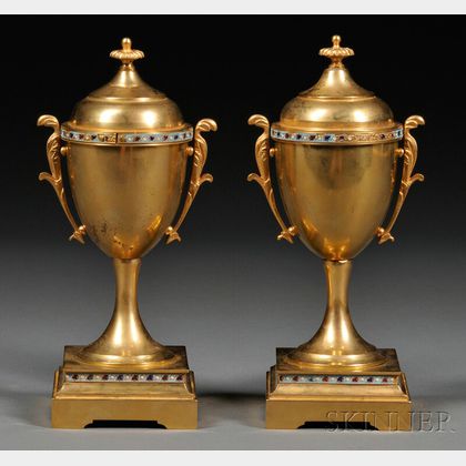 Pair of Bronze and Champleve Covered Urns