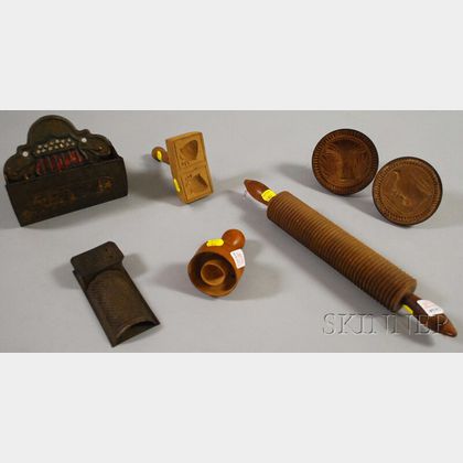 Seven Assorted Wood and Tin Household Items