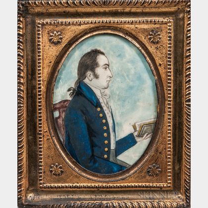 American School, Late 18th Century Portrait of a Gentleman in a Blue Jacket Holding a Book